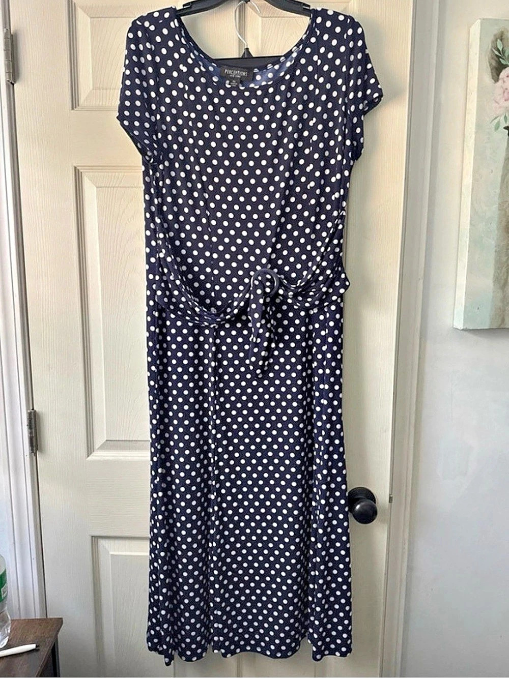 Perceptions New York Polka Dot Midi Dress in Blue & White Size Medium Like New